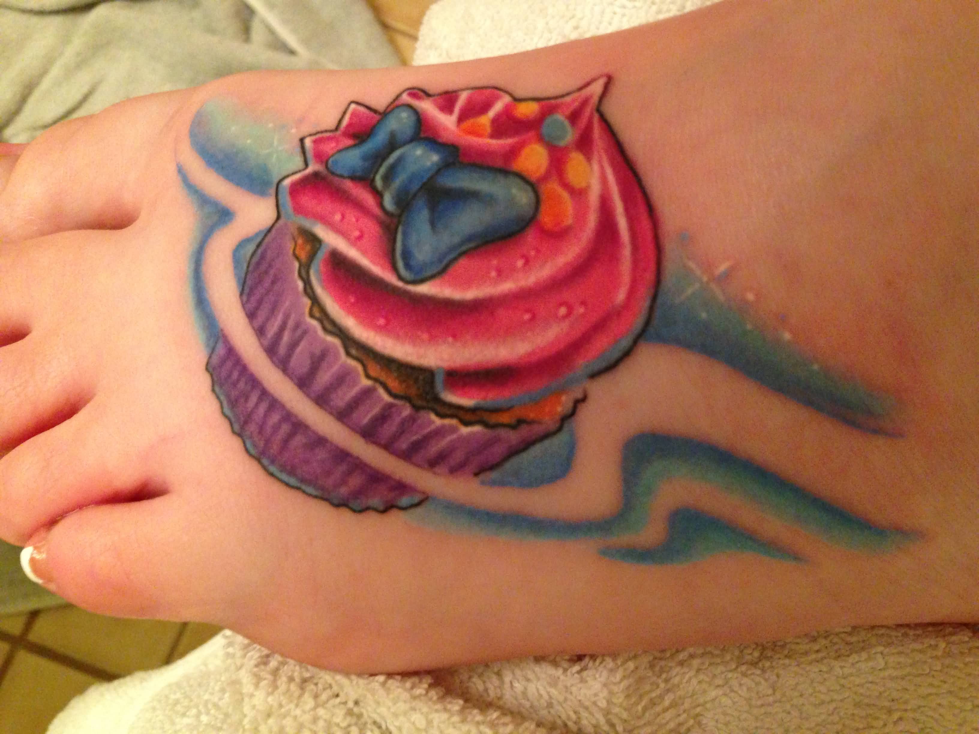 Nice Color Cupcake Tattoos On Left Foot