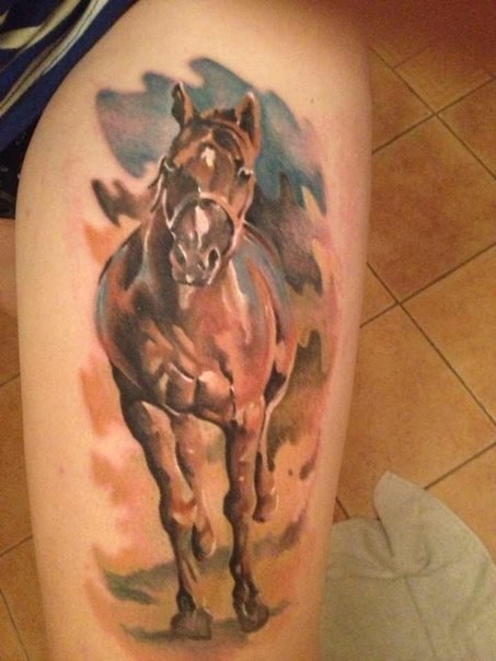 Nice Color Running Horse Tattoo On Left Leg