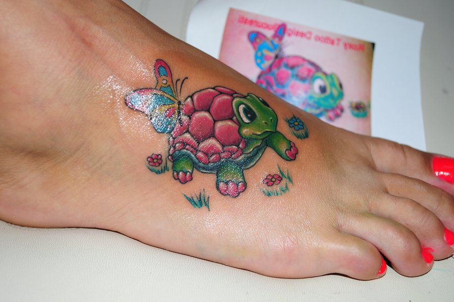 Nice Colorful Turtle Tattoo On Girl Right Foot