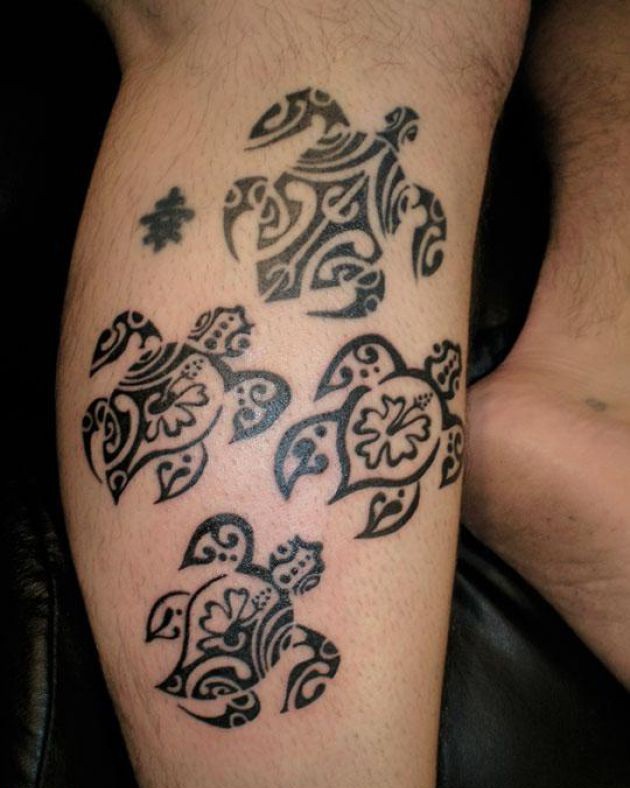 Nice Hawaiian Turtle Tattoos On Side Leg