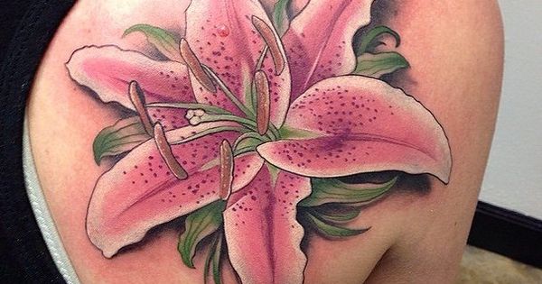 Nice Pink Realistic Lily Tattoo On Shoulder