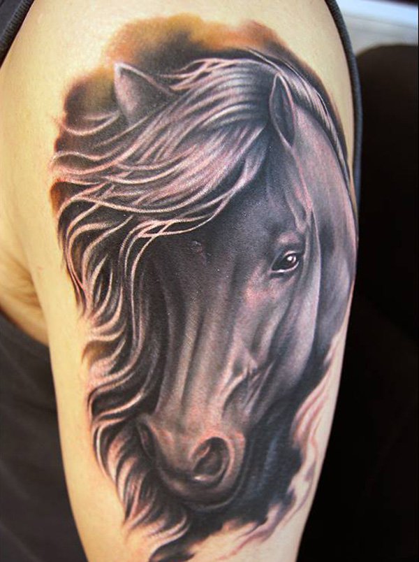 Nice Realistic Horse Head Tattoo On Half Sleeve