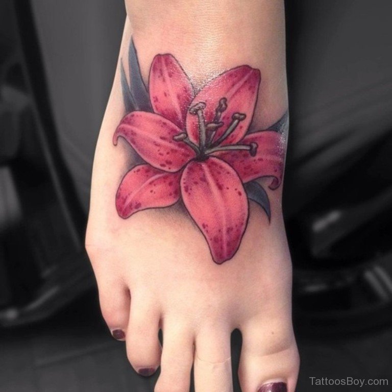 Nice Realistic Pink Lily Flower Tattoo On Right Foot