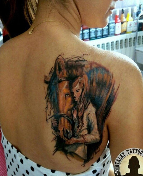 Nice Watercolor 3D Horse Tattoo On Girl Right Back Shoulder