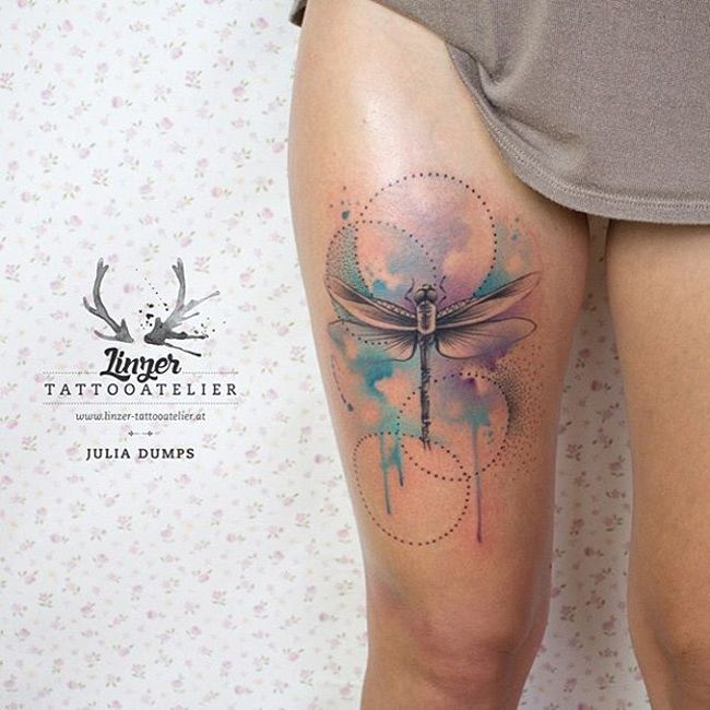 Nice Watercolor Dragonfly Tattoo On Right Thigh