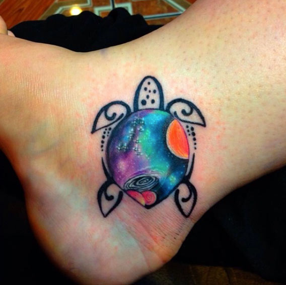 Nice Watercolor Turtle Tattoo On Ankle