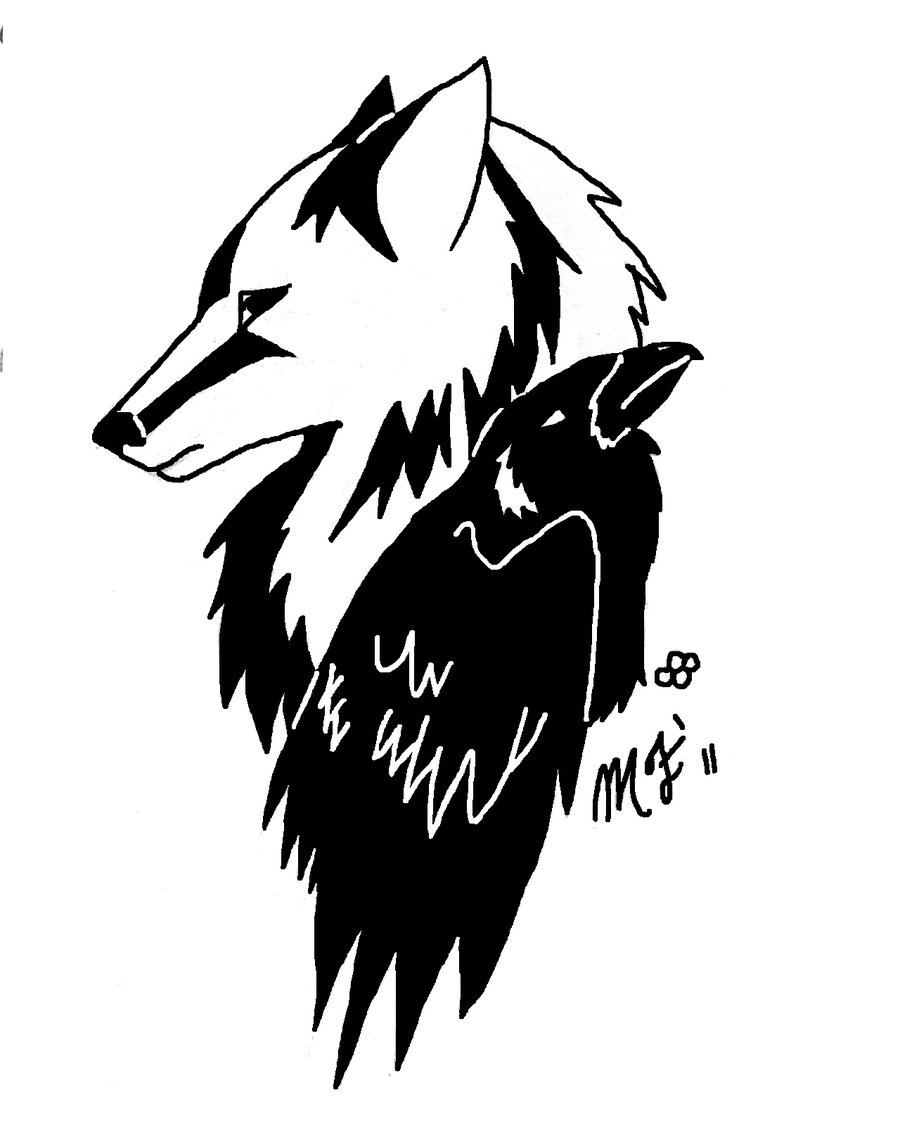 Nice Wolf Head And Black Raven Tattoo Design