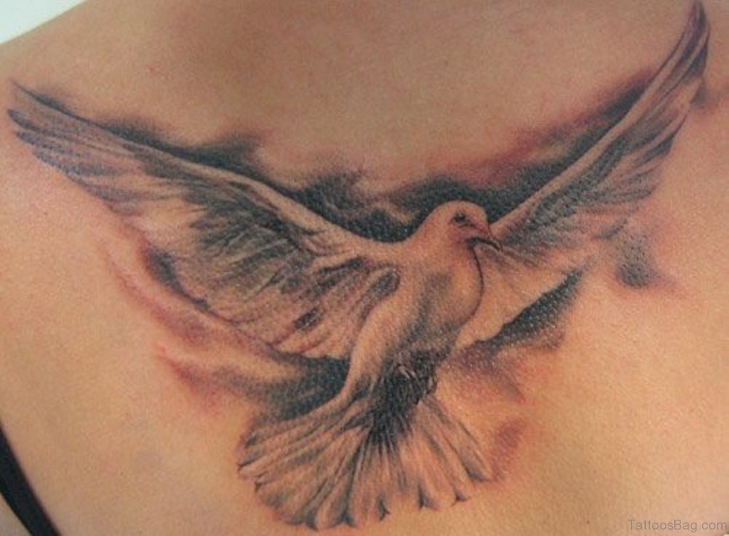 Open Wings Flying Dove Tattoo On Back