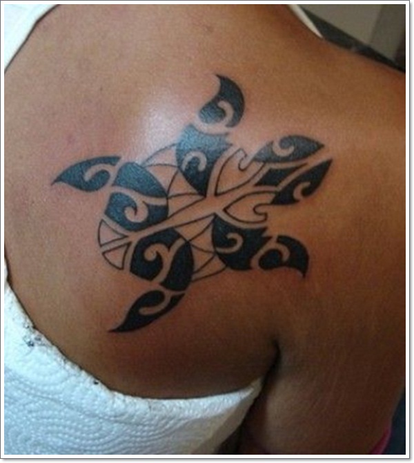 Outline Black Polynesian Turtle Tattoo On Back Shoulder