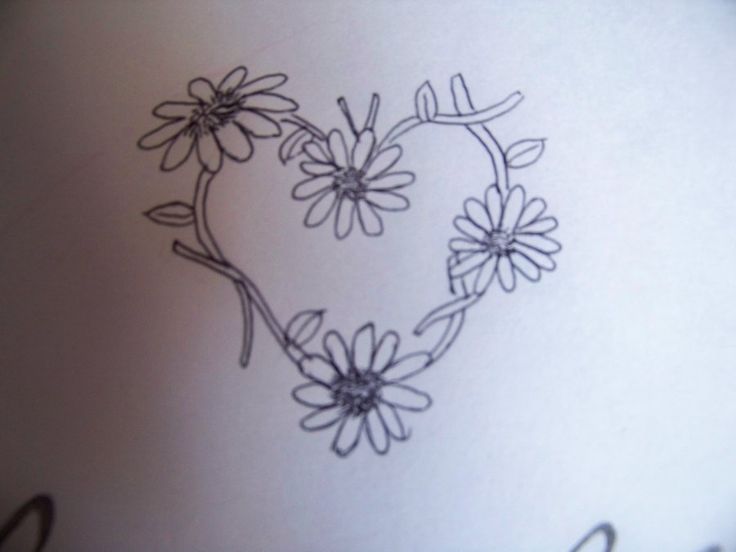 Outline Daisy Flowers In Heart Shape Tattoo Design