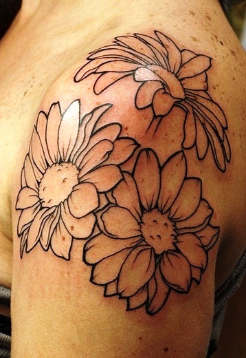 Outline Daisy Flowers Tattoos On Left Shoulder
