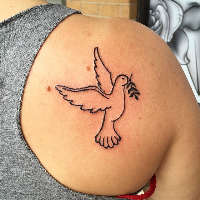 Outline Dove Tattoo On Right Back Shoulder