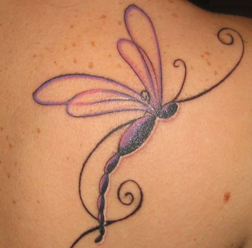 Outline Flying Dragonfly Tattoo On Back