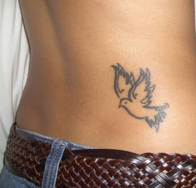 Outline Flying Small Dove Tattoo On Lower Back
