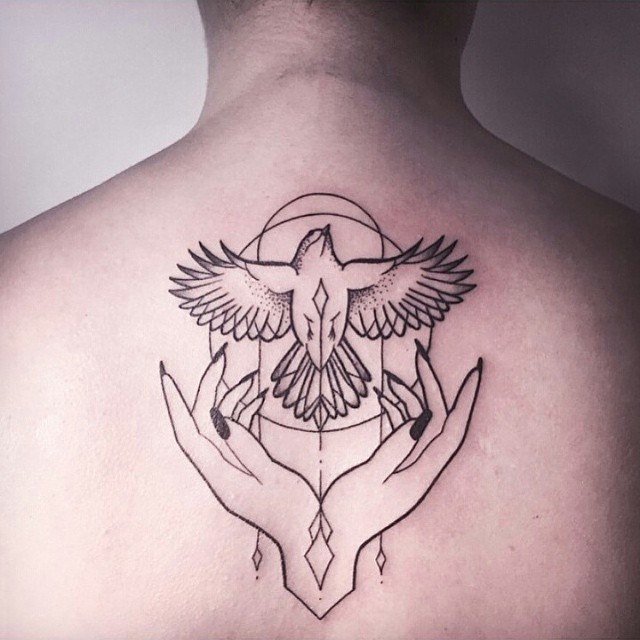 Outline Hands And Flying Dove Tattoo On Upper Back