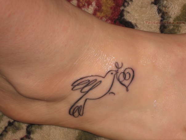 Outline Heart And Flying Small Dove Tattoo On Right Foot