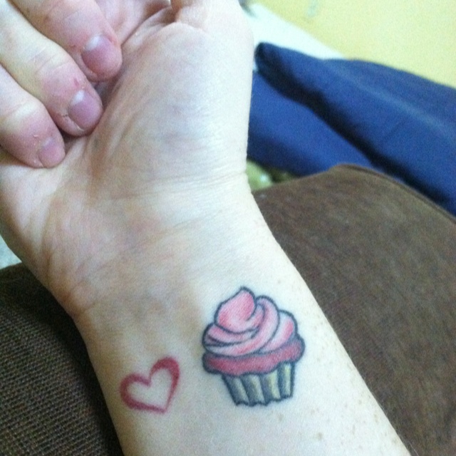Outline Heart and Simple Cupcake Tattoo On Girl Wrist