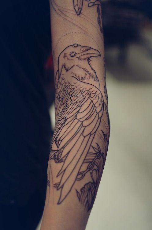 Outline Raven Tattoo On Arm Sleeve