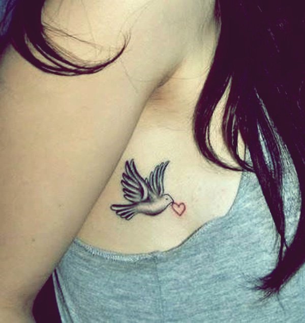 Outline Red Heart And Dove Tattoo On Side Rib