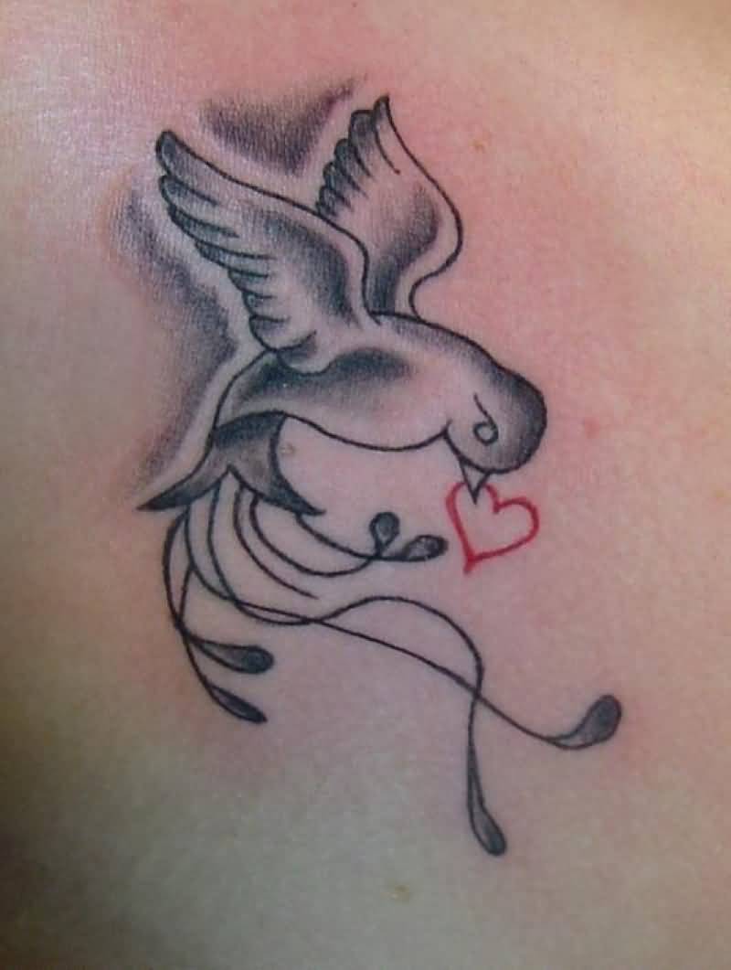 Outline Red Heart Flying Dove Tattoo