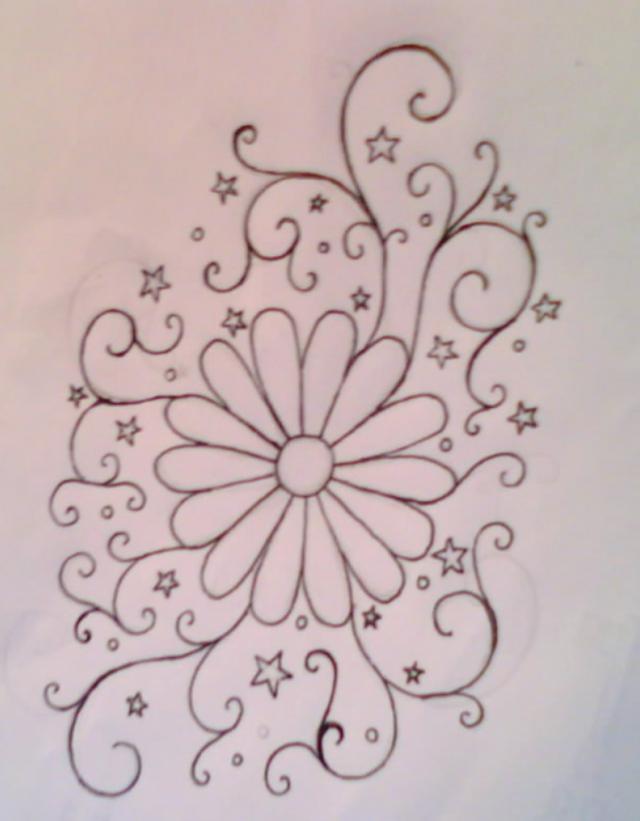 Outline Stars And Daisy Flower Tattoo Design