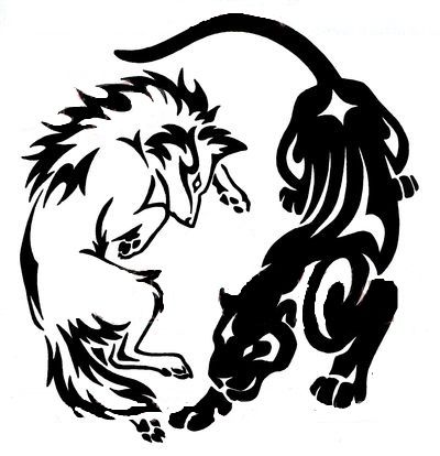 Outline Wolf And Panther Tattoo Design