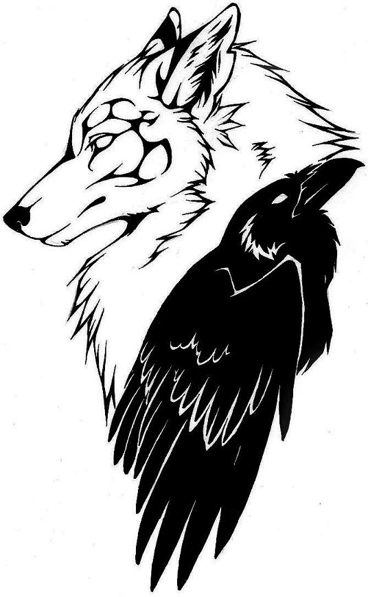 Outline Wolf Head And Black Raven Tattoo Design by Ravensilverclaw