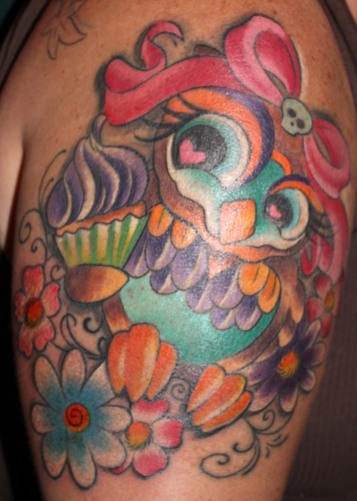 Owl And Sugar Skull Cupcake Tattoo On Shoulder