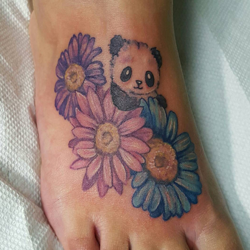 Panda Bear And Daisy Flowers Tattoos On Right Foot