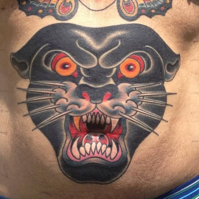 Panther Head Tattoo On Man Belly