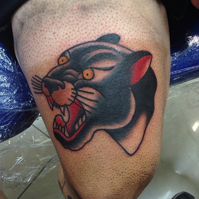 Panther Head Tattoo On Thigh