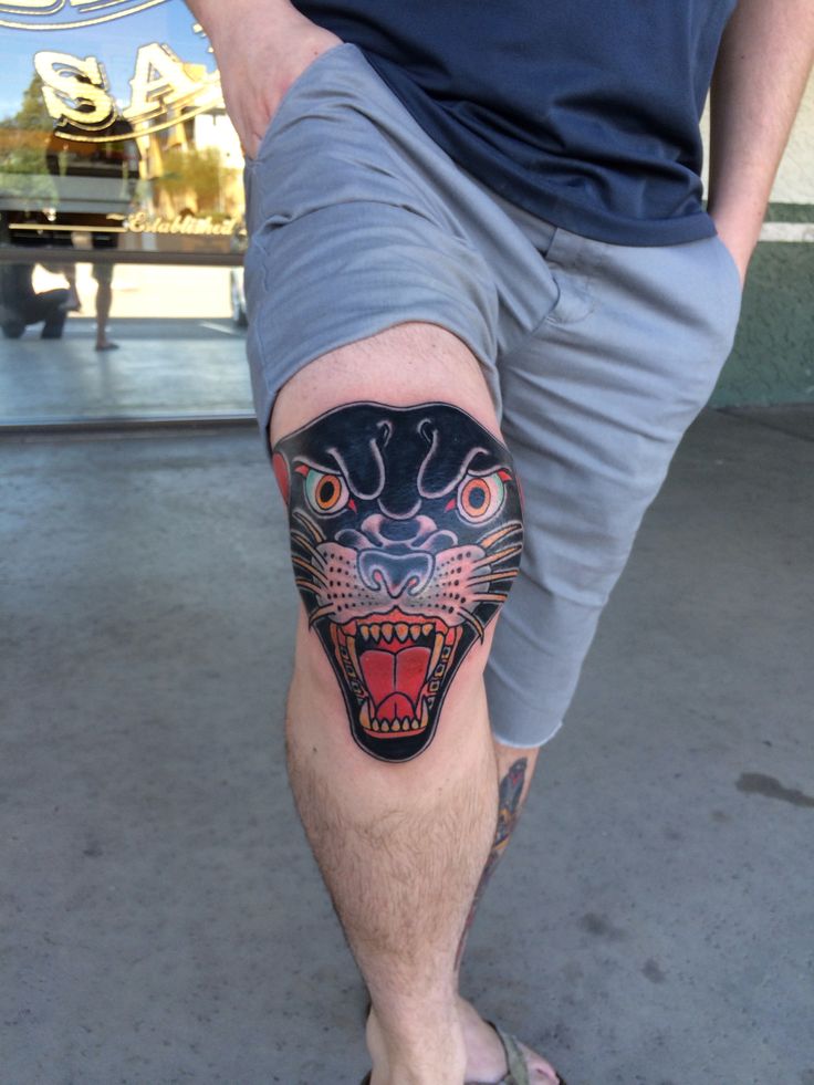 Panther Head Tattoo on Knee