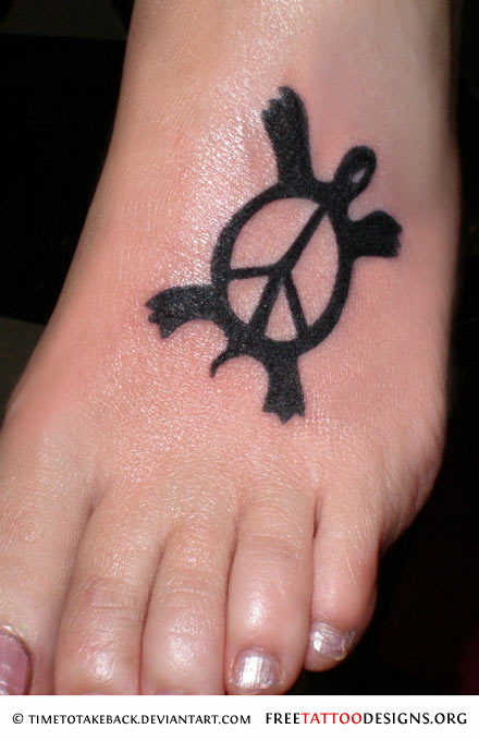 Peace Symbol Turtle Tattoo On Girl Left Foot
