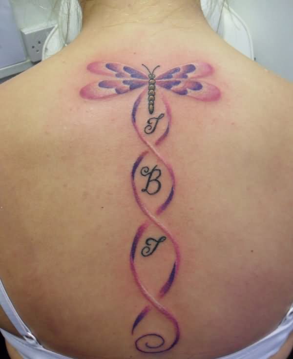 Pink And Purple Dragonfly Tattoo On Girl Upper Back