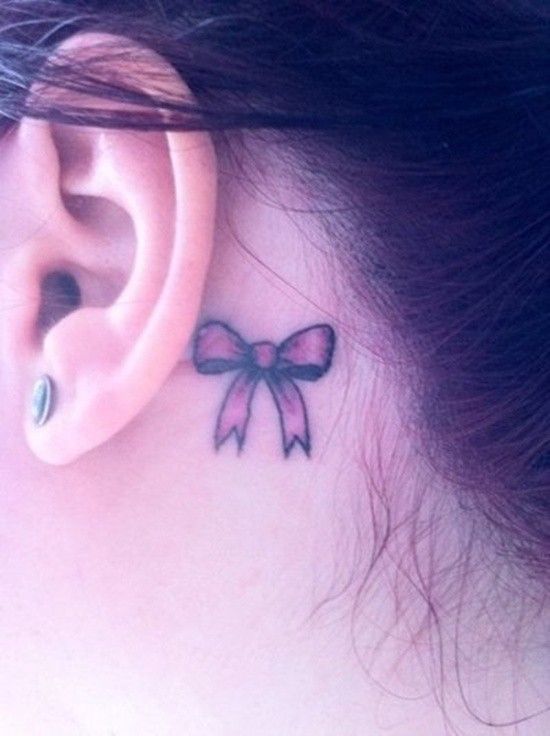 Pink Bow Tattoo Behind The Ear