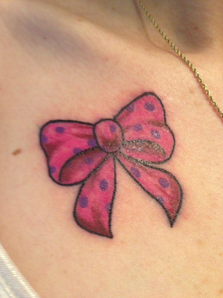Pink Bow With Blue Dots Tattoo On Girl Front Shoulder