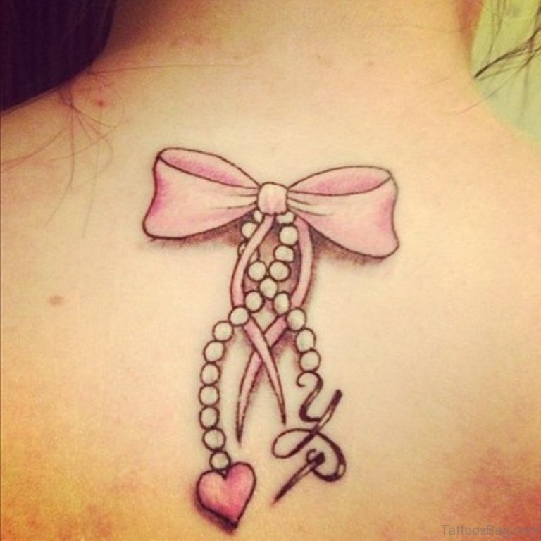 Pink Bow With Heart Tattoo On Girl Upper Back