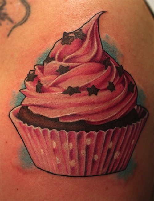 Pink Cupcake Tattoo On Shoulder