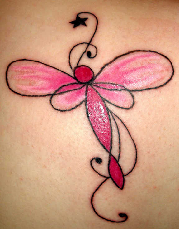 Pink Dragonfly Tattoo On Back