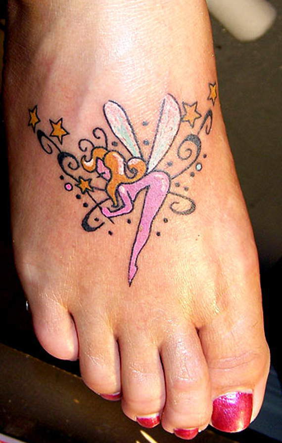 Pink Fairy And Stars Tattoo On Foot
