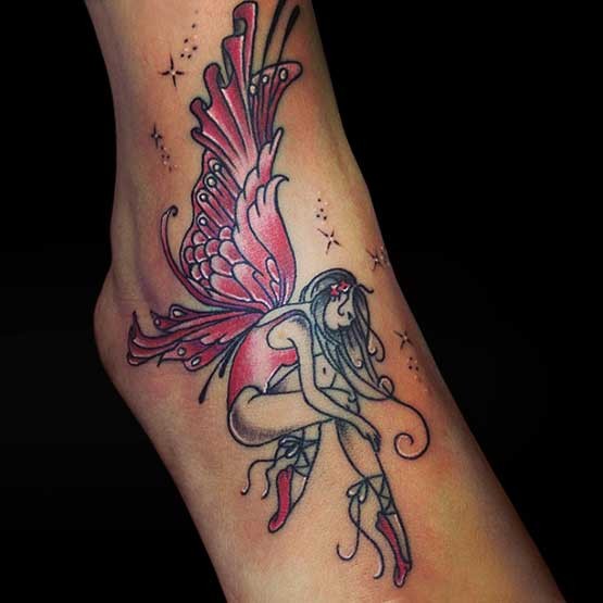 Pink Fairy Girl With Stars Tattoo On Right Ankle