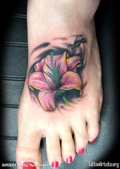 Pink Flower Tattoo On Girl Left Foot