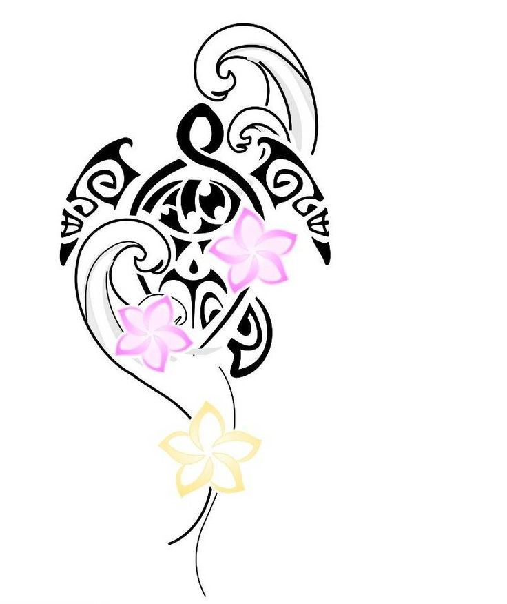 Pink Flowers And Tribal Turtle Tattoo Design
