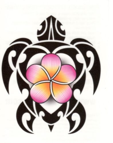Pink Hawaiian Flower And Tribal Turtle Tattoo Design