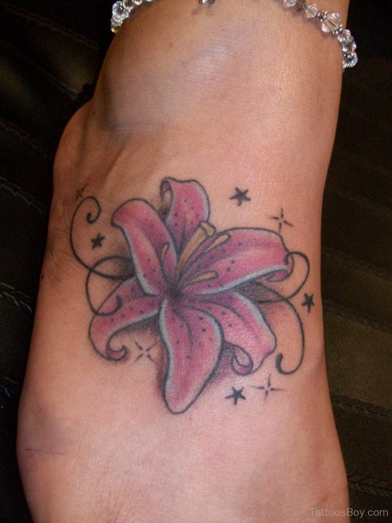 Pink Lily Flower Tattoo On Foot