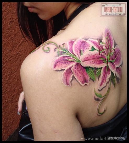 Pink Lily Flower Tattoo On Left Back Shoulder