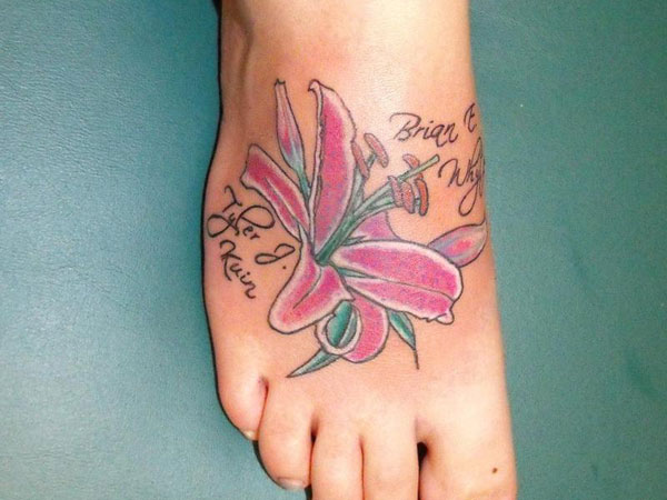 Pink Lily Flower Tattoo On Right Foot