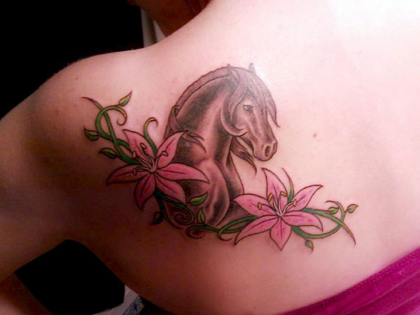 Pink Lily Flowers And Horse Head Tattoo On Left Back Shoulder