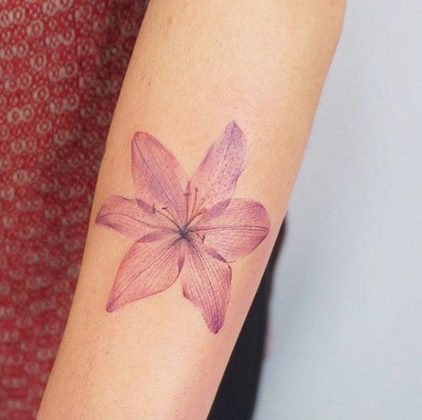 Pink Lily Tattoo On Arm Sleeve