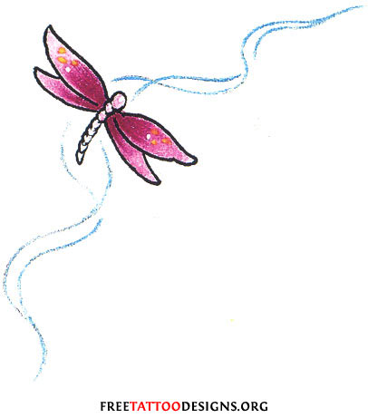 Pink Outline Flying Dragonfly Tattoo Design